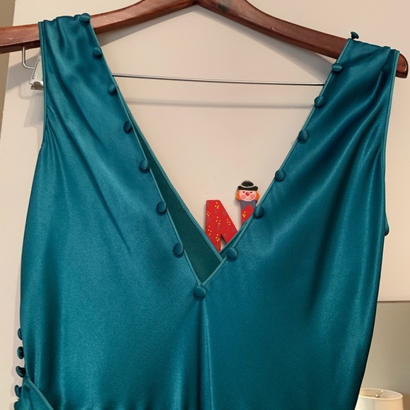 Teal Satin Evening Gown with Buttons - Picture 3 of 8